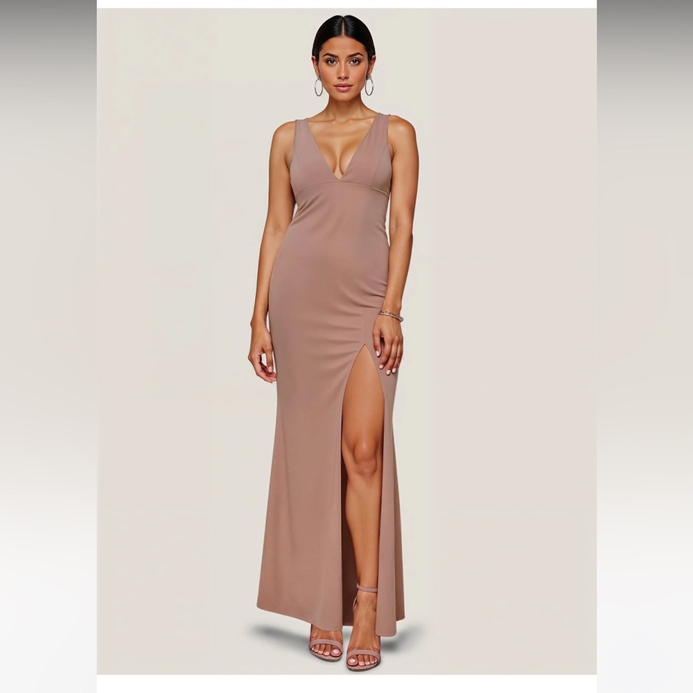 Tan Sleeveless Gown with Plunge Neckline and Slit